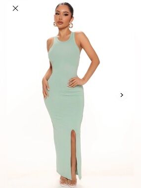 Fashion Nova Mint Green Ribbed Maxi Dress with Side Slit